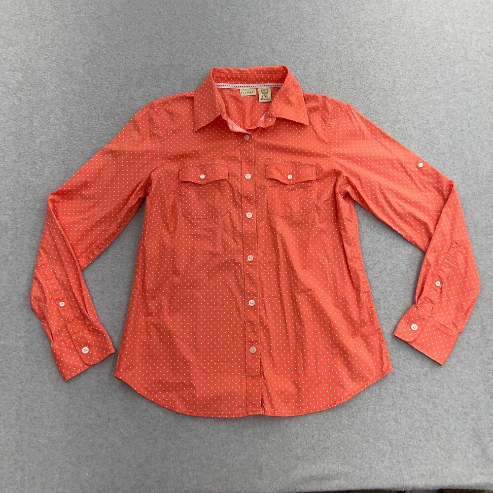 LL Bean Shirt Womens Small Pink Polka dot Button Front Mature Cotton